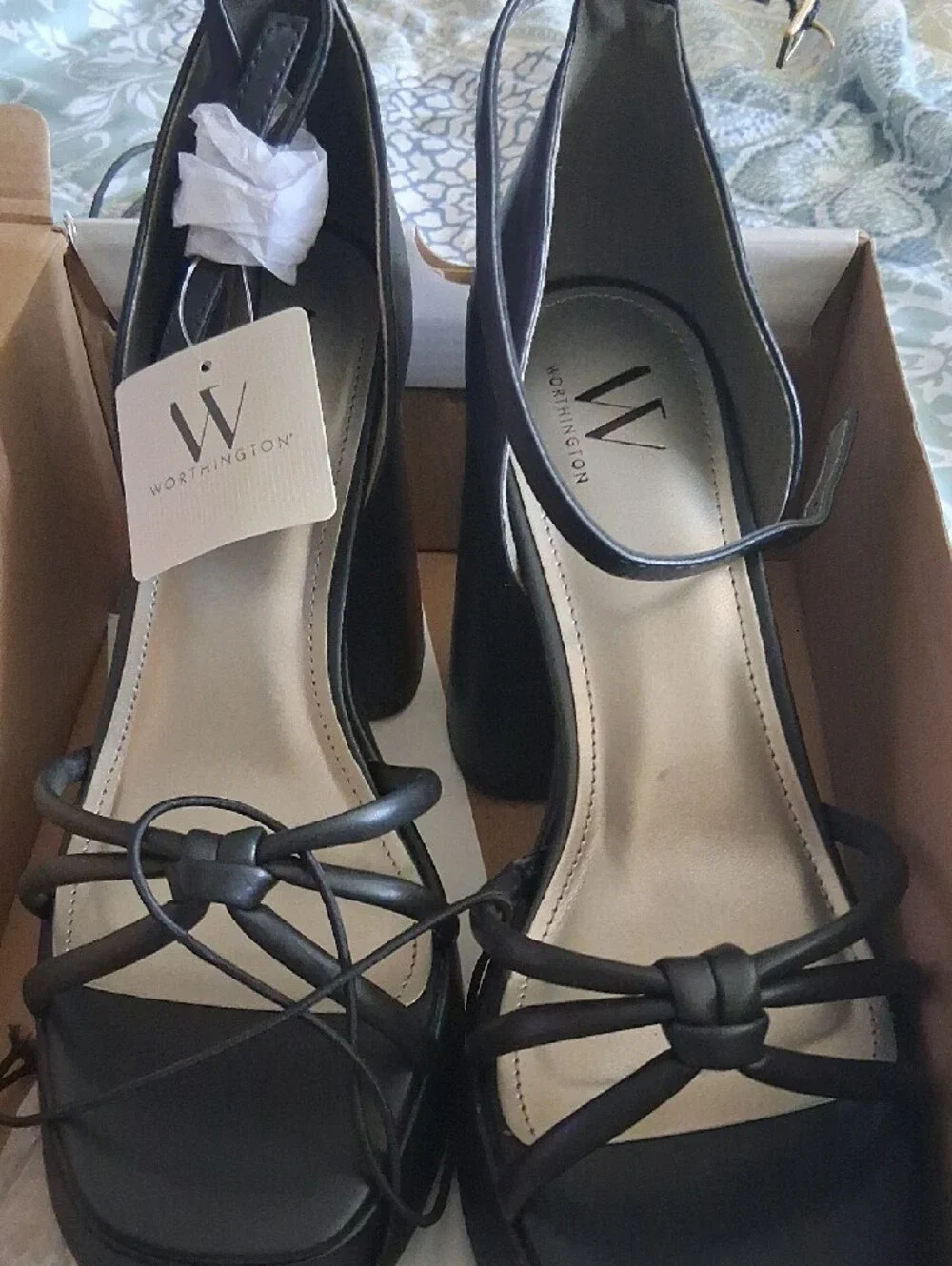 Worthington Black Lace-Up Platform Block Heels
